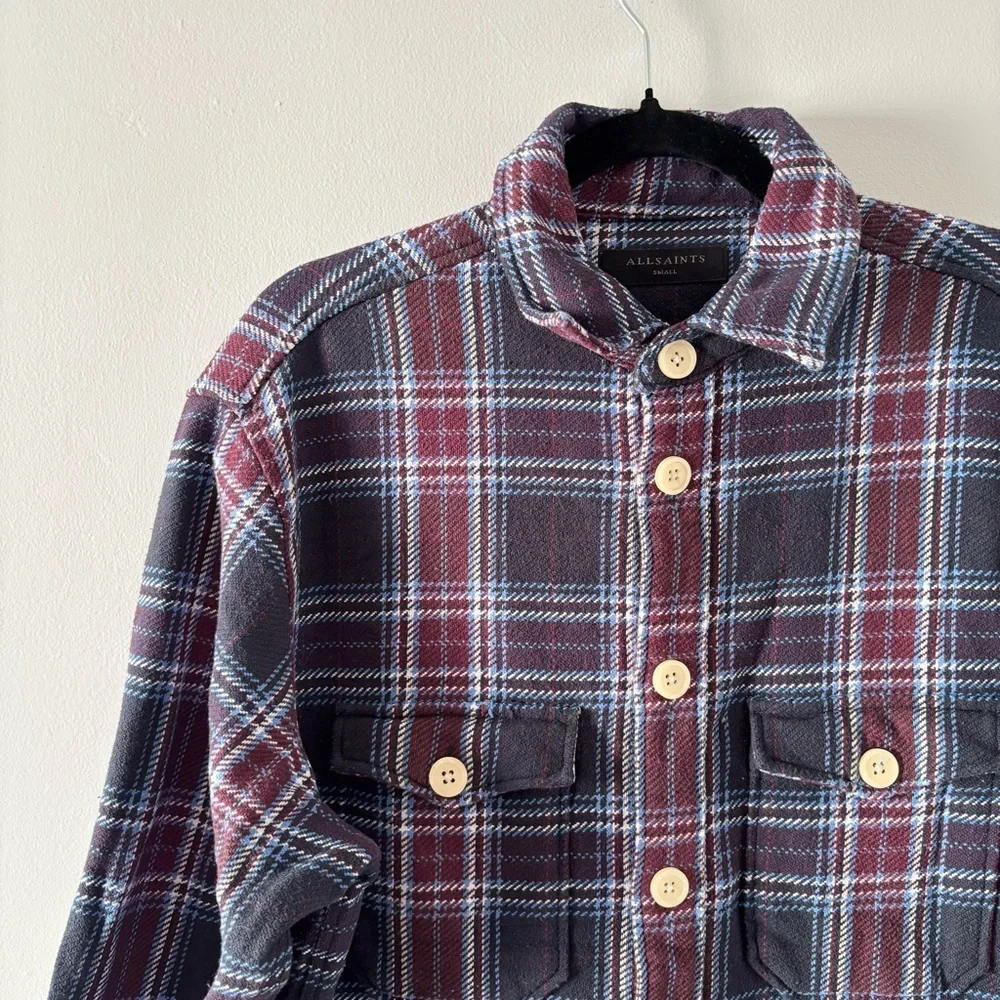 All Saints Men’s Kitazawa Check Overshirt Long Sleeve Top Thick Knit Button-Up
